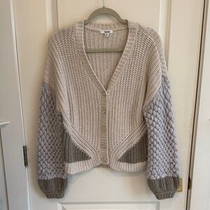 Splendid Two-Tone Chunky V-Neck Cardigan Sweater With Architectural Knit
